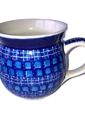 POLISH POTTERY Geometric Cobalt Blue Round Mug Handmade in Poland G.K- 12oz